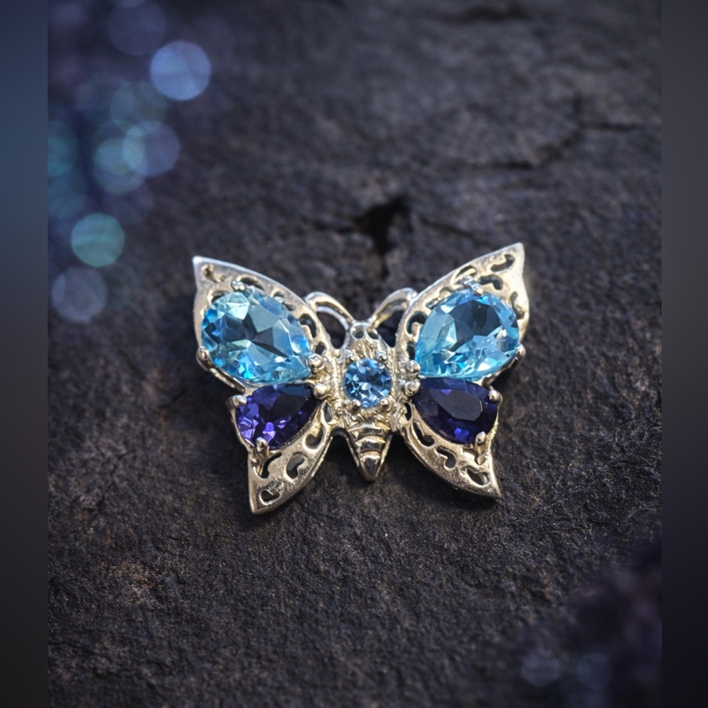 VINTAGE Sterling Silver 925 Genuine Blue Topaz Faux Amethyst Butterfly Pendant